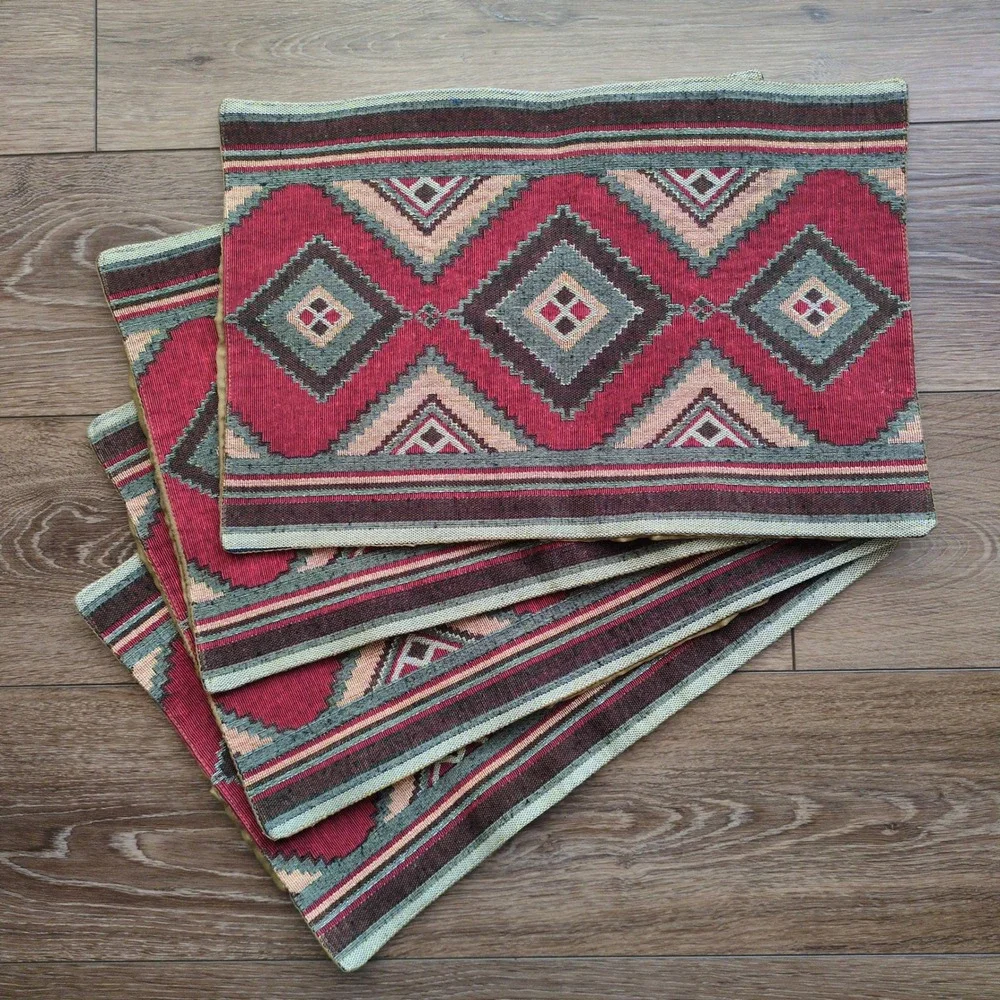 Southwest‎ Placemats Set (4) Red Geometric Woven Green Tan Diamond Tapestry